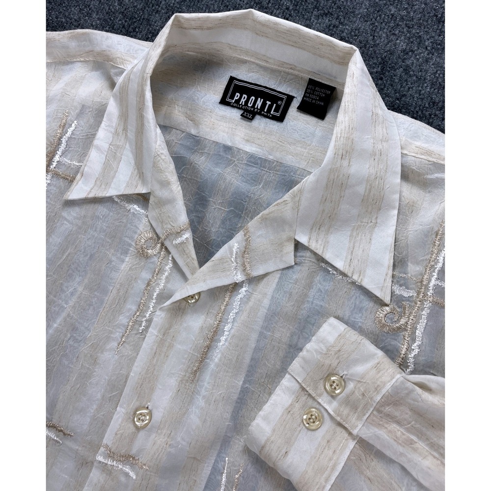 Pronti Collection by Phita XXL Mens Beige Sheer Embroidered Long‎ Sleeve Shirt